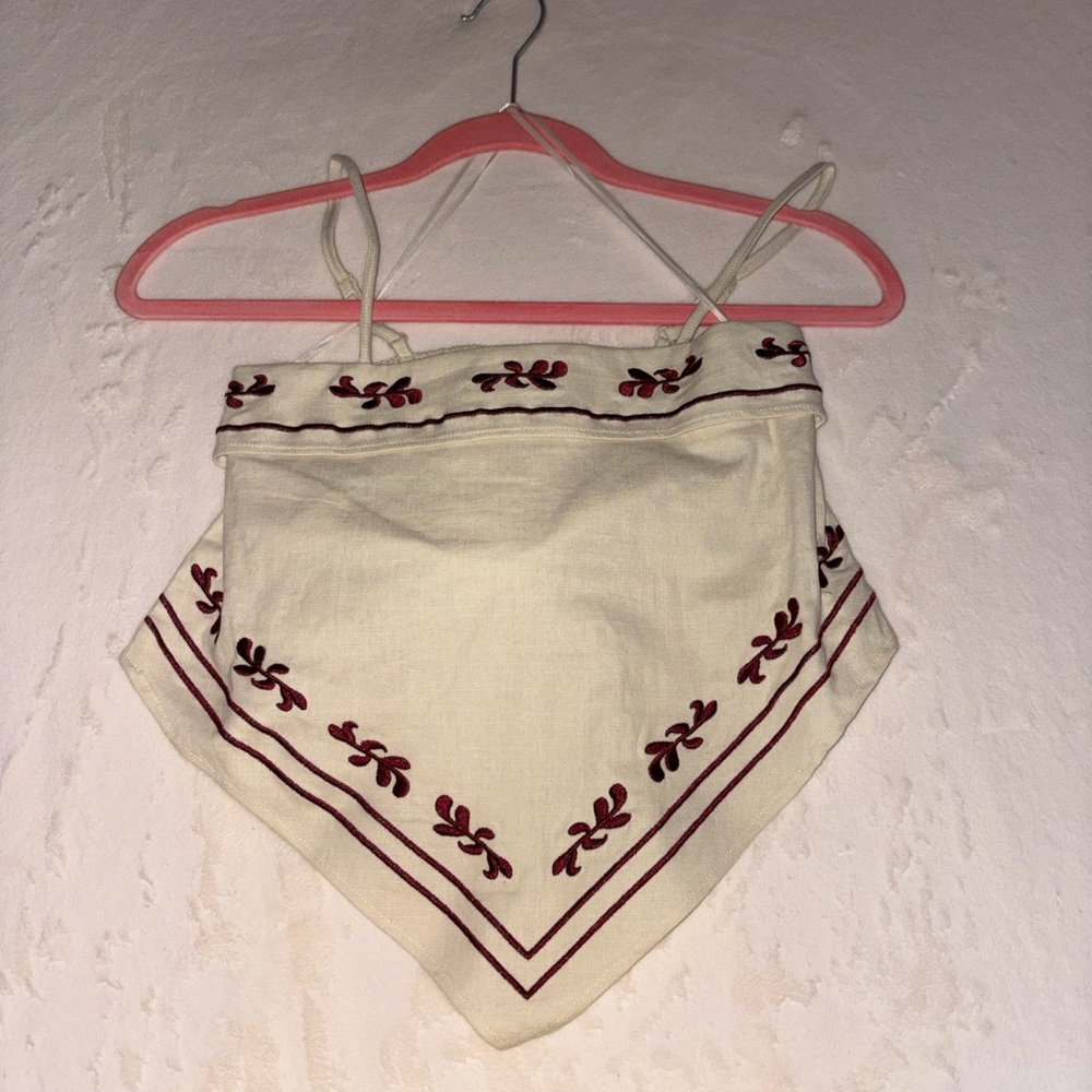 Cream Embroidered Bandana Tank Top with Red Accent